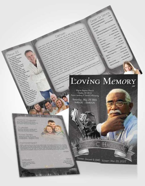 Obituary Funeral Template Gatefold Memorial Brochure Black and White Golf Star