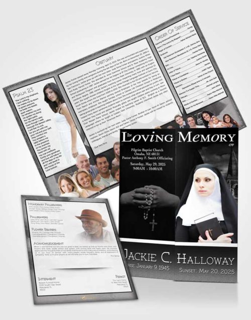 Obituary Funeral Template Gatefold Memorial Brochure Black and White Heavenly Nun