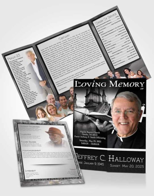 Obituary Funeral Template Gatefold Memorial Brochure Black and White Heavenly Priest