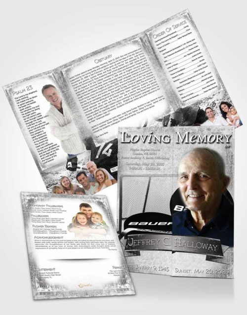 Obituary Funeral Template Gatefold Memorial Brochure Black and White Hockey Star