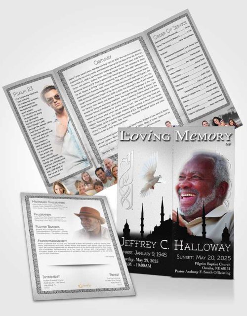 Obituary Funeral Template Gatefold Memorial Brochure Black and White Islamic Serenity