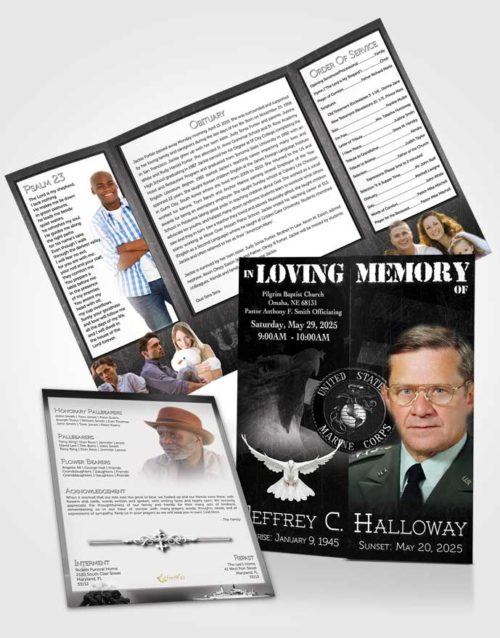 Obituary Funeral Template Gatefold Memorial Brochure Black and White Marine Salute