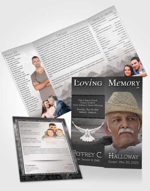 Obituary Funeral Template Gatefold Memorial Brochure Black and White Misty Mountain
