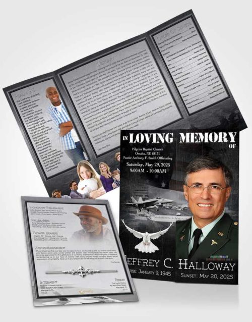 Obituary Funeral Template Gatefold Memorial Brochure Black and White Navy Salute