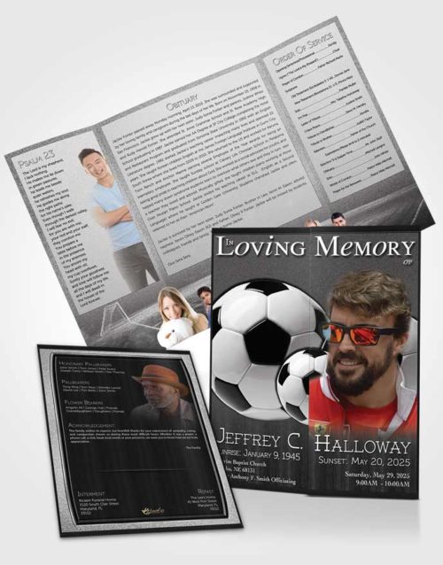 Obituary Funeral Template Gatefold Memorial Brochure Black and White Soccer Star