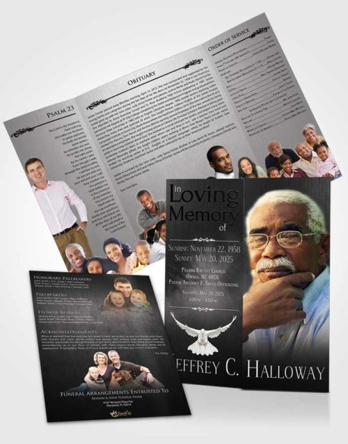 Obituary Funeral Template Gatefold Memorial Brochure Black and White Universal Lights