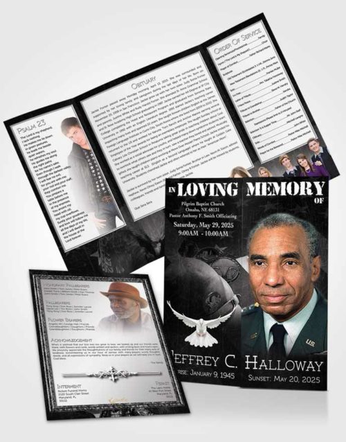 Obituary Funeral Template Gatefold Memorial Brochure Black and White Veterans Salute