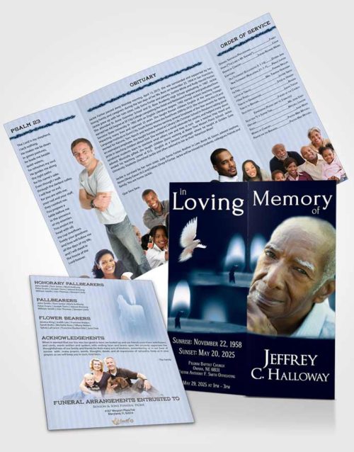 Obituary Funeral Template Gatefold Memorial Brochure Blue Heaven Candle Light
