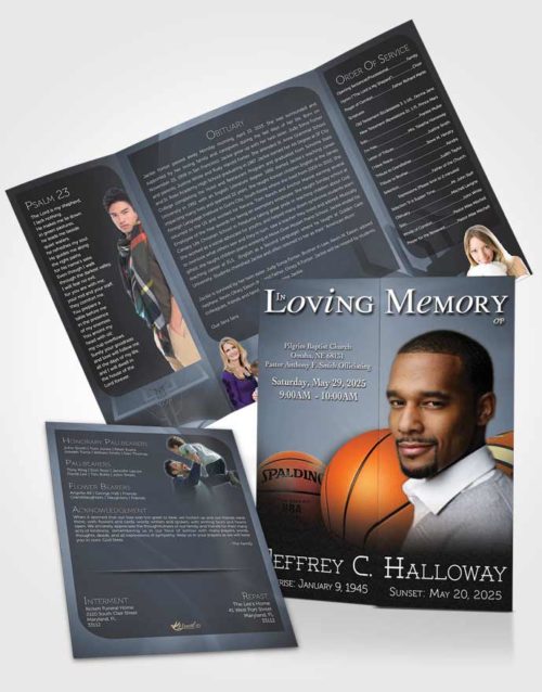 Obituary Funeral Template Gatefold Memorial Brochure Blue Serenity Basketball Lover Dark