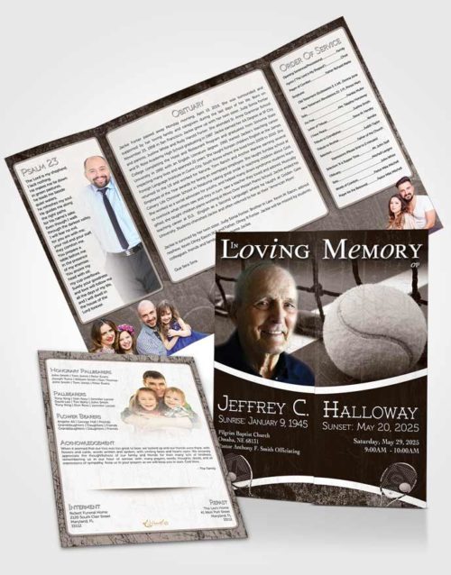 Obituary Funeral Template Gatefold Memorial Brochure Calm Autumn Breeze Tennis Star