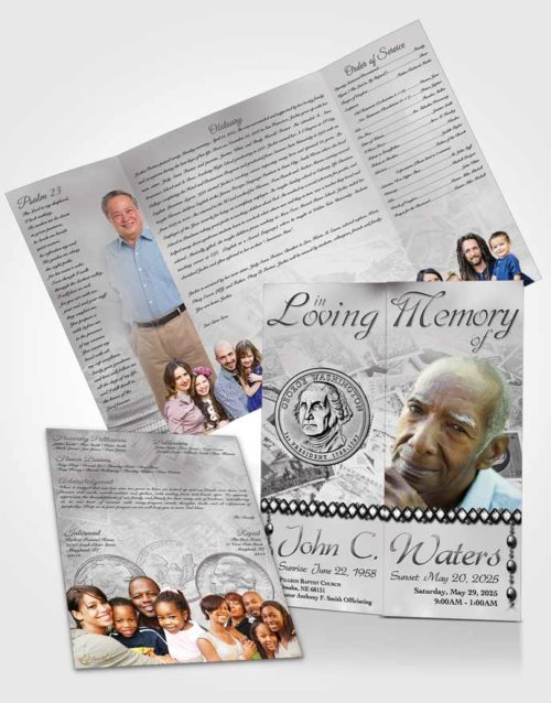 Obituary Funeral Template Gatefold Memorial Brochure Collecting Stamps and Coins Black and White