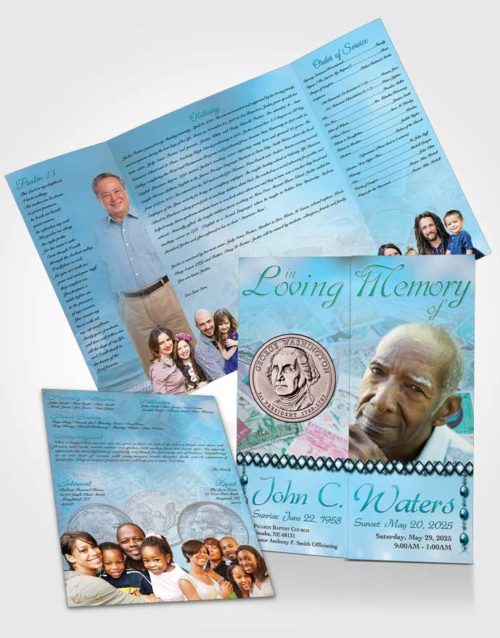 Obituary Funeral Template Gatefold Memorial Brochure Collecting Stamps and Coins Morning Calm