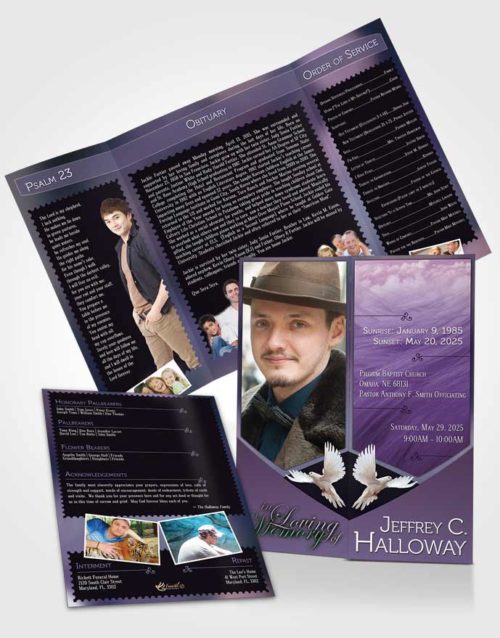 Obituary Funeral Template Gatefold Memorial Brochure Crystal Harmony Lavender Dark