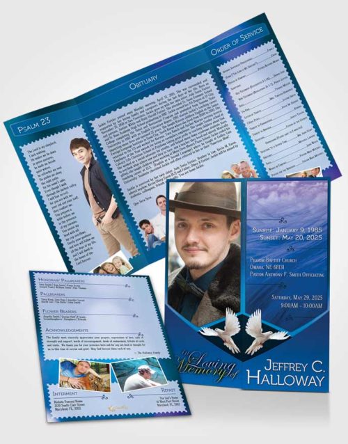 Obituary Funeral Template Gatefold Memorial Brochure Crystal Harmony Palatinate Blue Light