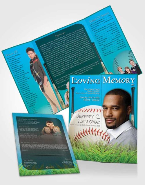 Obituary Funeral Template Gatefold Memorial Brochure Cyan Breeze Baseball Star Dark