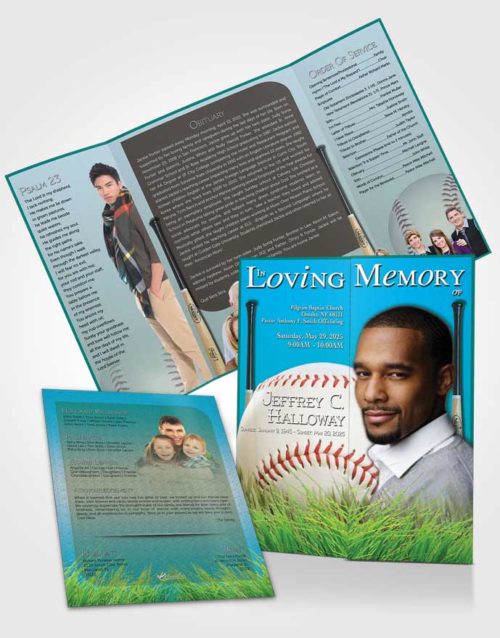 Obituary Funeral Template Gatefold Memorial Brochure Cyan Breeze Baseball Star Light