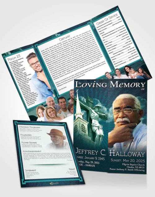 Obituary Funeral Template Gatefold Memorial Brochure Cyan Christian Faith