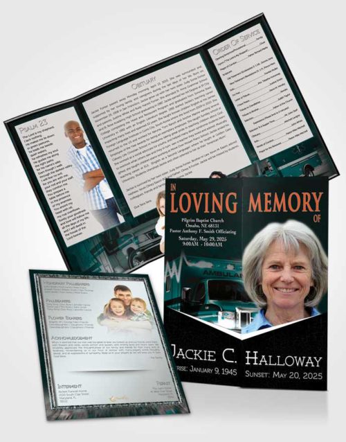Obituary Funeral Template Gatefold Memorial Brochure Cyan EMT Savior