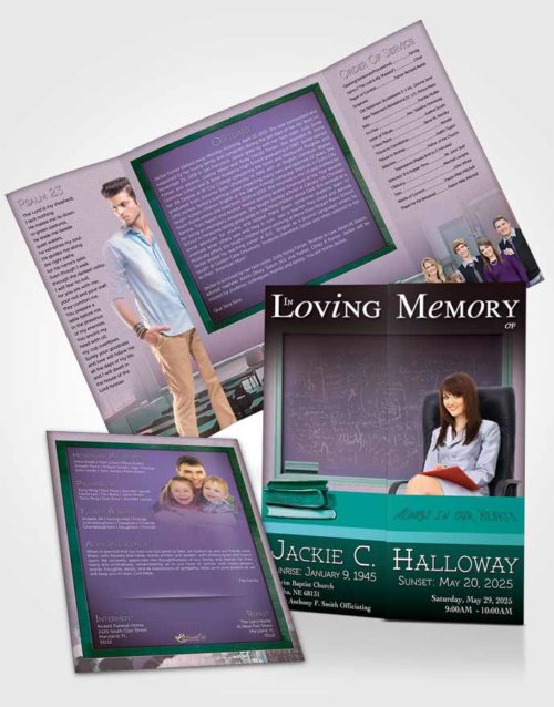 Obituary Funeral Template Gatefold Memorial Brochure Cyan Teacher Dark
