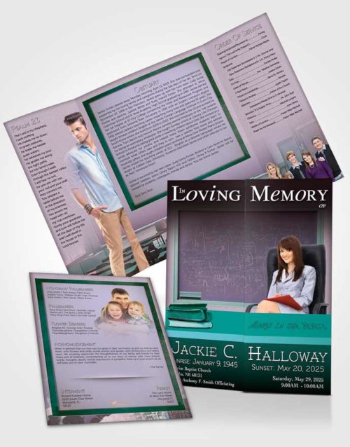 Obituary Funeral Template Gatefold Memorial Brochure Cyan Teacher Light