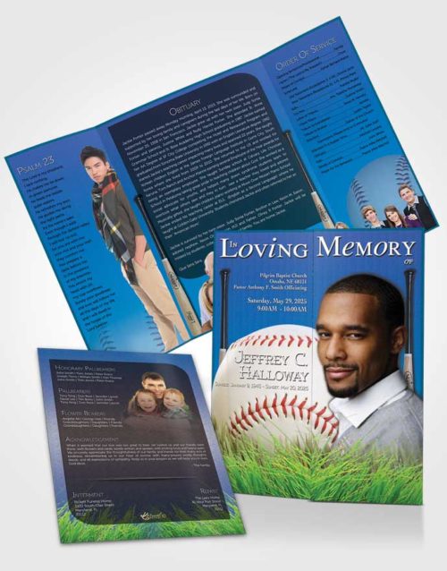 Obituary Funeral Template Gatefold Memorial Brochure Deep Blue Baseball Star Dark
