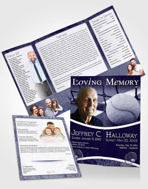 Obituary Funeral Template Gatefold Memorial Brochure Deep Blue Tennis Star