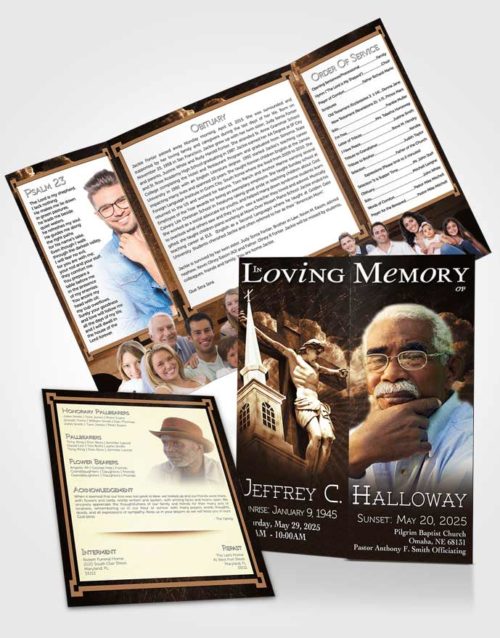 Obituary Funeral Template Gatefold Memorial Brochure Deep Gold Christian Faith