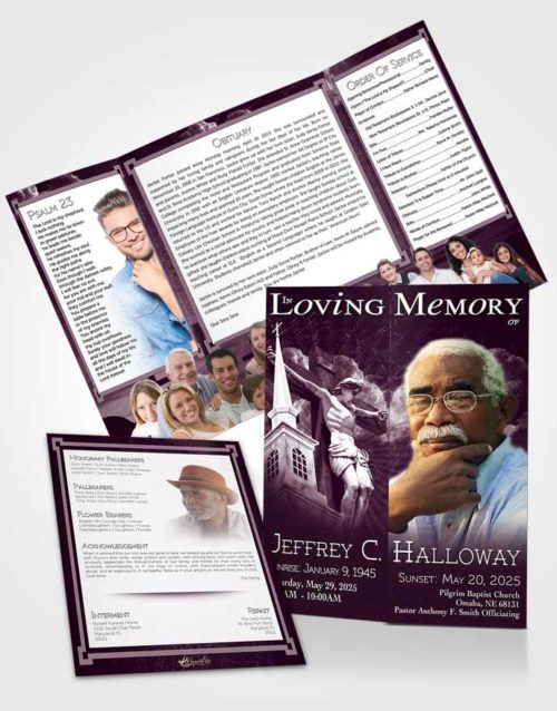 Obituary Funeral Template Gatefold Memorial Brochure Deep Lavender Christian Faith