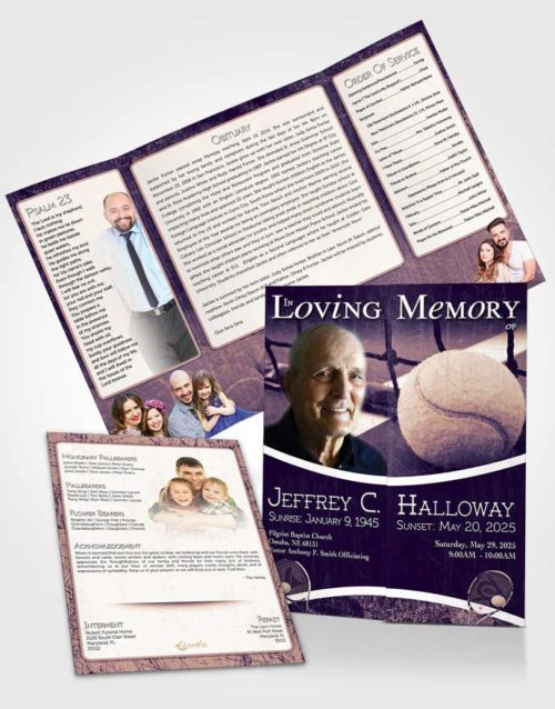 Obituary Funeral Template Gatefold Memorial Brochure Deep Lavender Tennis Star