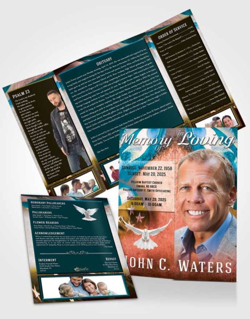 Obituary Funeral Template Gatefold Memorial Brochure Devoted Stars and Stripes