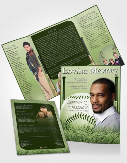 Obituary Funeral Template Gatefold Memorial Brochure Emerald Baseball Star Dark