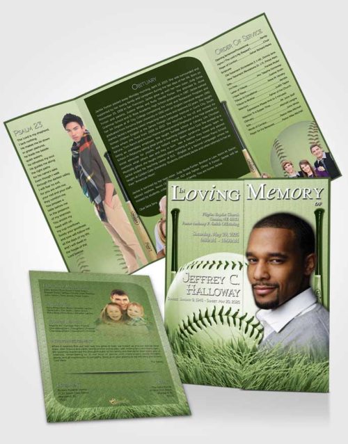 Obituary Funeral Template Gatefold Memorial Brochure Emerald Baseball Star Light