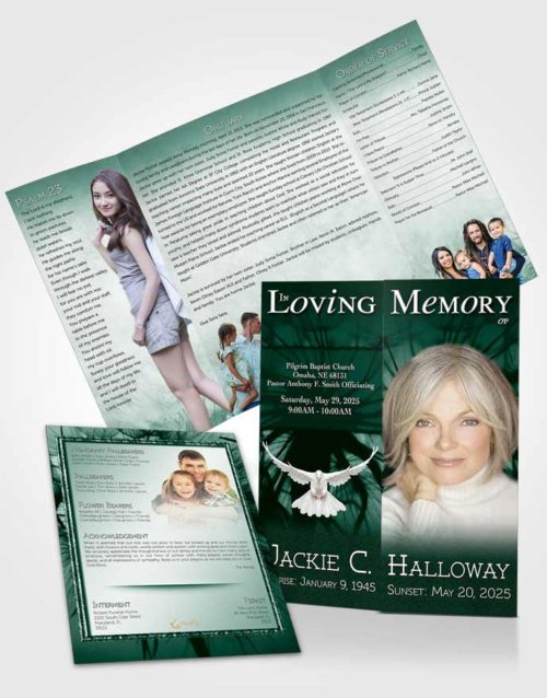 Obituary Funeral Template Gatefold Memorial Brochure Emerald Dandelion Heaven
