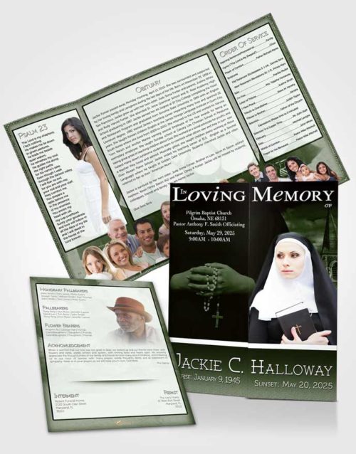 Obituary Funeral Template Gatefold Memorial Brochure Emerald Heavenly Nun