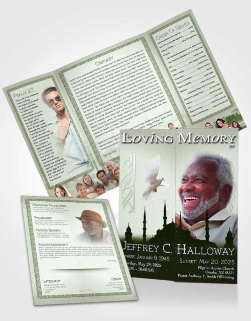 Obituary Funeral Template Gatefold Memorial Brochure Emerald Islamic Serenity
