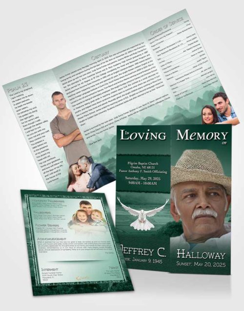 Obituary Funeral Template Gatefold Memorial Brochure Emerald Misty Mountain
