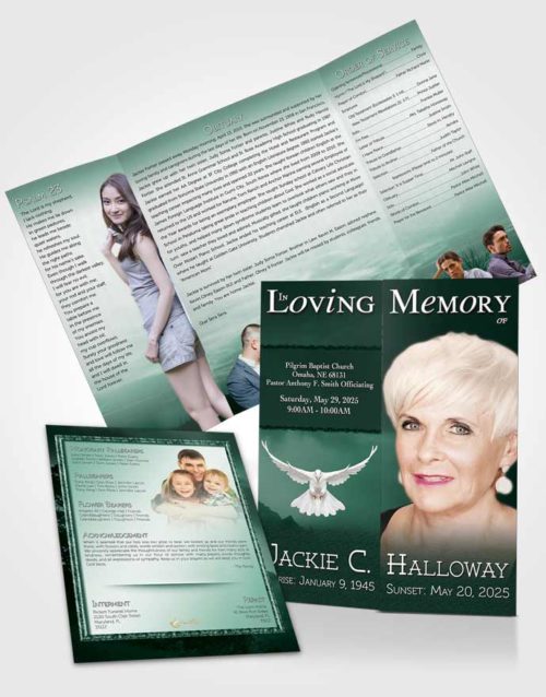 Obituary Funeral Template Gatefold Memorial Brochure Emerald Morning Sky