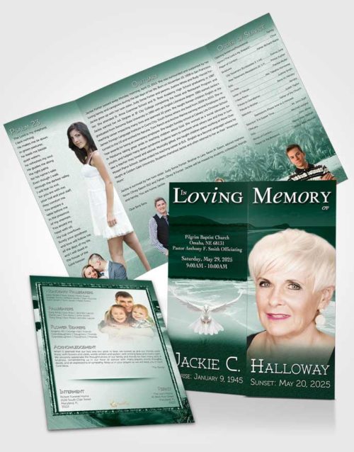 Obituary Funeral Template Gatefold Memorial Brochure Emerald Ocean Beach