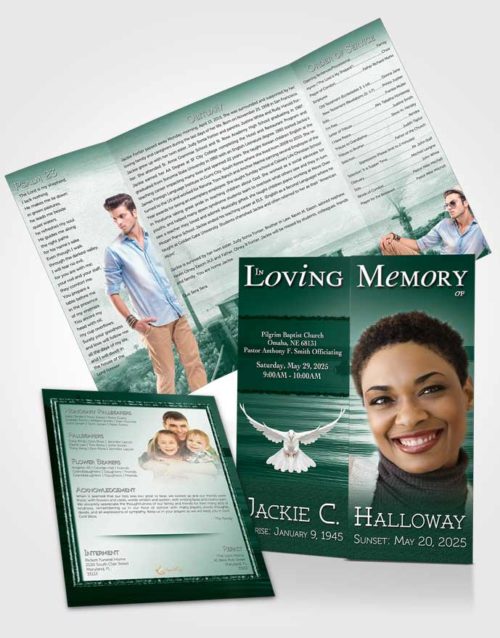 Obituary Funeral Template Gatefold Memorial Brochure Emerald Ocean Sunset
