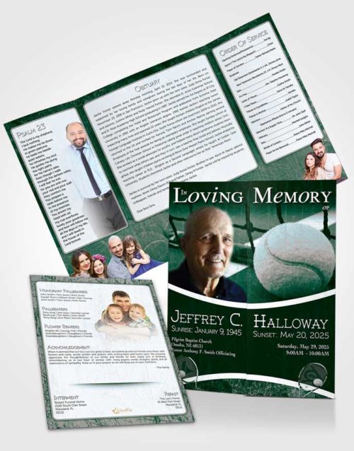 Obituary Funeral Template Gatefold Memorial Brochure Emerald Ocean Tennis Star