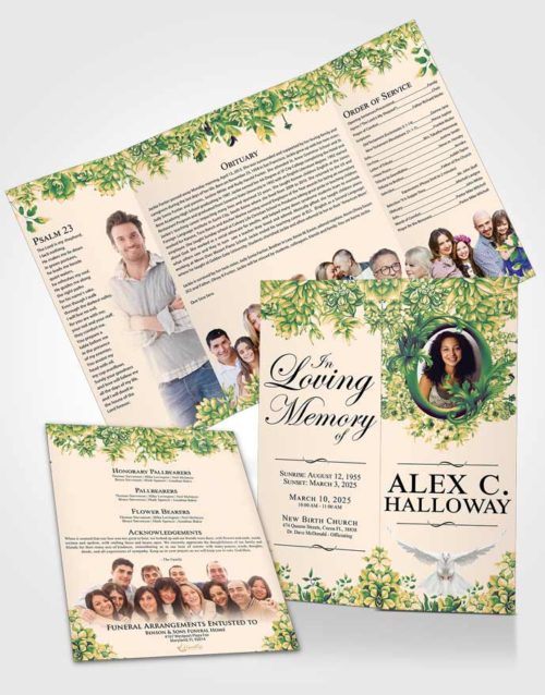 Obituary Funeral Template Gatefold Memorial Brochure Emerald Serenity Afternoon Succulents