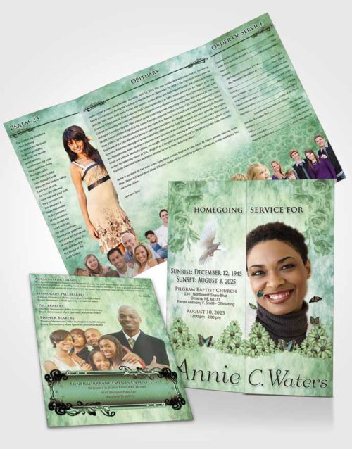 Obituary Funeral Template Gatefold Memorial Brochure Emerald Sunny Sunflowers