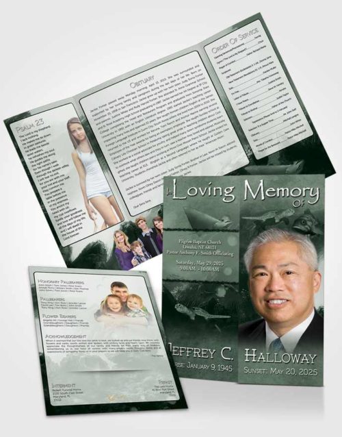 Obituary Funeral Template Gatefold Memorial Brochure Emerald Water Lover