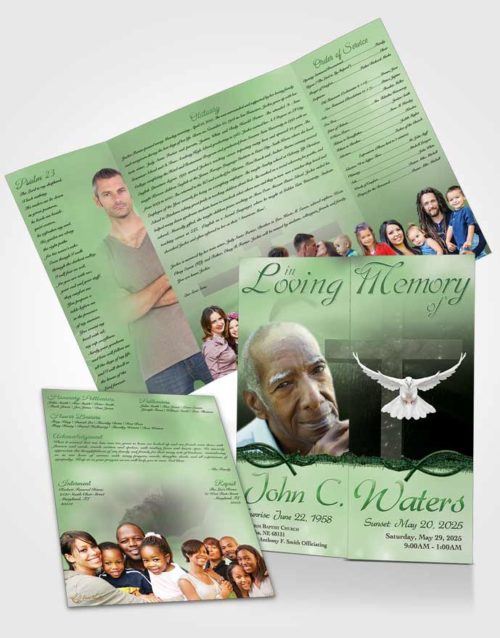 Obituary Funeral Template Gatefold Memorial Brochure Evening Cross Emerald Glow