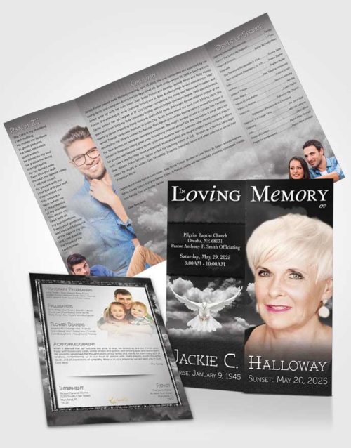 Obituary Funeral Template Gatefold Memorial Brochure Fiery Black and White Clouds