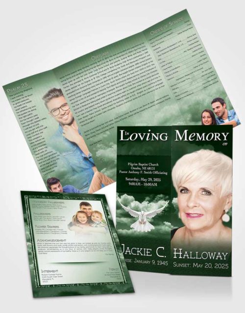Obituary Funeral Template Gatefold Memorial Brochure Fiery Emerald Clouds