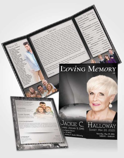 Obituary Funeral Template Gatefold Memorial Brochure French Black and White Mist