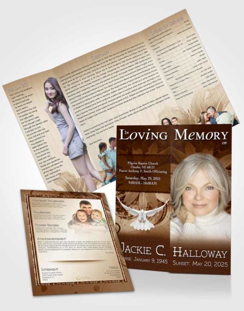 Obituary Funeral Template Gatefold Memorial Brochure Golden Artistic Bouquet