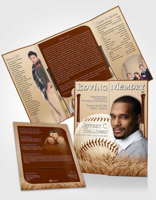 Obituary Funeral Template Gatefold Memorial Brochure Golden Baseball Star Dark
