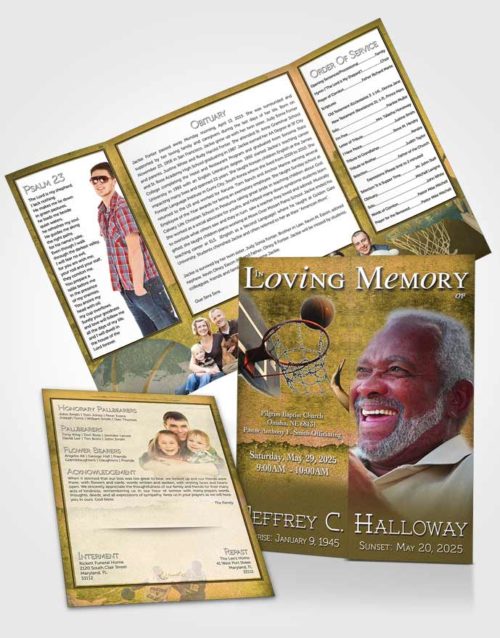 Obituary Funeral Template Gatefold Memorial Brochure Golden Basketball Star
